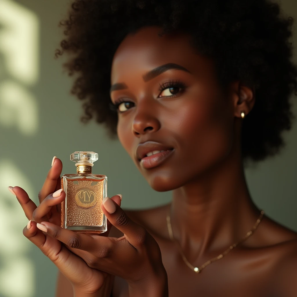 a naked beautiful ebony-skinned woman, holding a perfume bottle, la marca y texto es “LUZ” soft natural lighting, simple blurred background, natural hair and subtle makeup, delicate perfume bottle design, vivid colors, lifelike details, realistic and unpolished, elegant and authentic, (best quality,4k,8k,highres,masterpiece:1.2),ultra-detailed,(realistic,photorealistic,photo-realistic:1.37),portrait,natural setting,warm atmosphere,bokeh background morfológicamente correcta las manos perfectas que toquen el bote de perfume