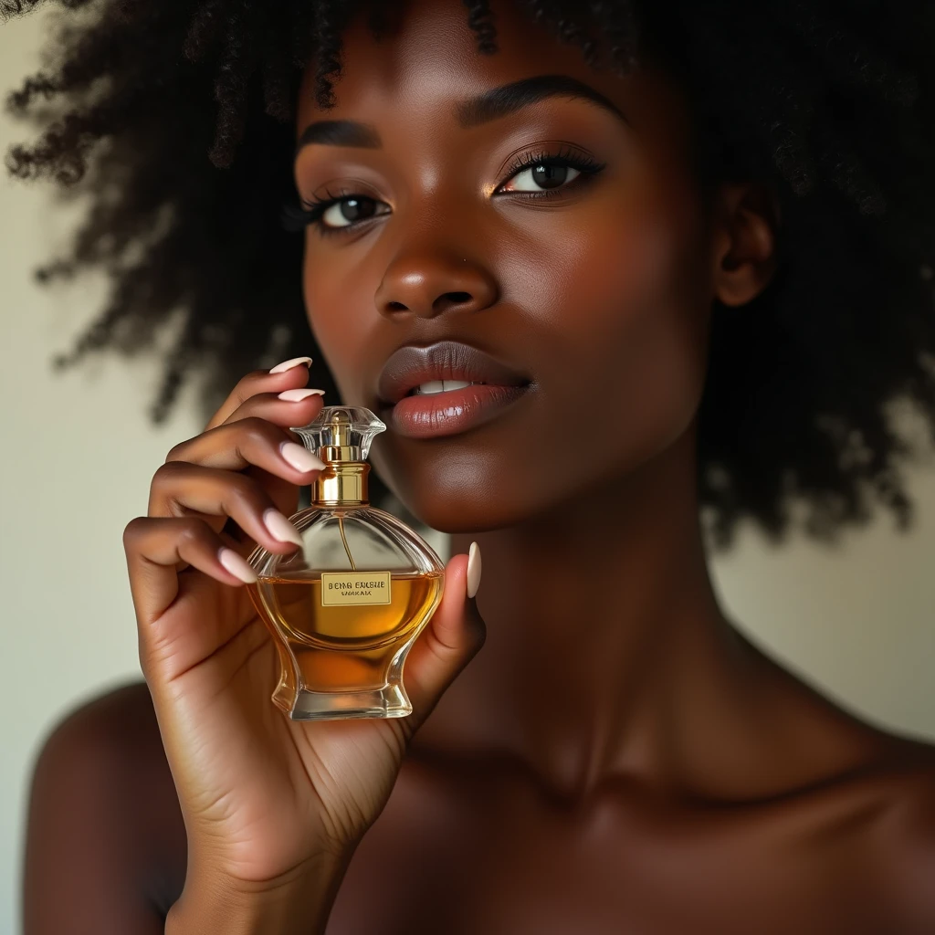 a naked beautiful ebony-skinned woman, holding a perfume bottle, la marca y texto es “LUZ” soft natural lighting, simple blurred background, natural hair and subtle makeup, delicate perfume bottle design, vivid colors, lifelike details, realistic and unpolished, elegant and authentic, (best quality,4k,8k,highres,masterpiece:1.2),ultra-detailed,(realistic,photorealistic,photo-realistic:1.37),portrait,natural setting,warm atmosphere,bokeh background morfológicamente correcta las manos perfectas que toquen el bote de perfume