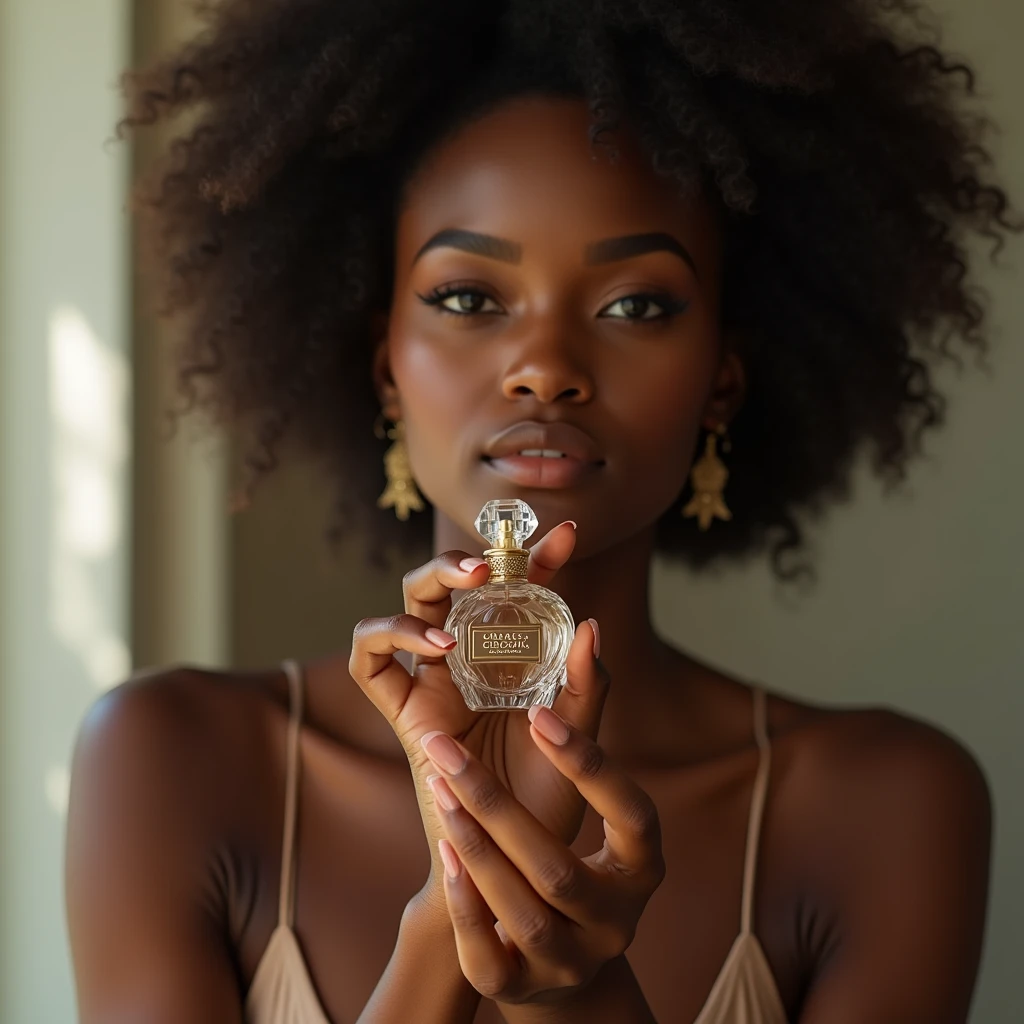 a naked beautiful ebony-skinned woman, holding a perfume bottle, la marca y texto es “LUZ” soft natural lighting, simple blurred background, natural hair and subtle makeup, delicate perfume bottle design, vivid colors, lifelike details, realistic and unpolished, elegant and authentic, (best quality,4k,8k,highres,masterpiece:1.2),ultra-detailed,(realistic,photorealistic,photo-realistic:1.37),portrait,natural setting,warm atmosphere,bokeh background morfológicamente correcta las manos perfectas que toquen el bote de perfume