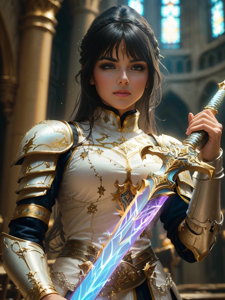Arabian woman in armor holding a sword in a church, Portrait of a girl in the Knights of the Zodiac, Fantasy Paladin Female, 4 k detail fantasy, She has a sword, Gorgeous Female Paladin, Artgerm Julie Bell Beeple, beautiful sword, Alexandra Fomina Art Station, portrait of female paladin, of a beautiful female knight, Fantasy Art Behance
