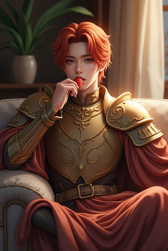 Yeonjun settles into the couch, his slender figure draped in bronze armor and silks. The comfort of the moment is reflected on your face as you enjoy fresh and delicious strawberries. Her bright orange hair stands out against her oval face, framed by defined eyebrows, a straight nose and full lips, tinted a vibrant pink by the fruit. Her gray eyes, captivating and sensual, complete a picture of singular beauty. Young man.
