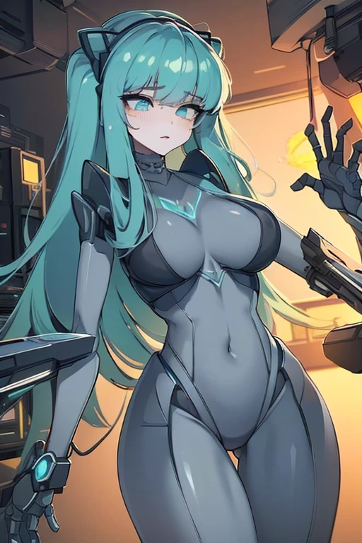 (masterpiece),(Highest quality),(Super detailed),(Best illustrations),(Best Shadow),(Absurd),(Detailed Background),(so beautiful), 16K, 8K, 4K,(Best Shadow),empty eyes,robotization,woman ,big bust,Robot Joint ,Metal skin,Black Suit,long hair,a black suit that covers the whole body,robot hand,cyber bodysuit,metal cat ear