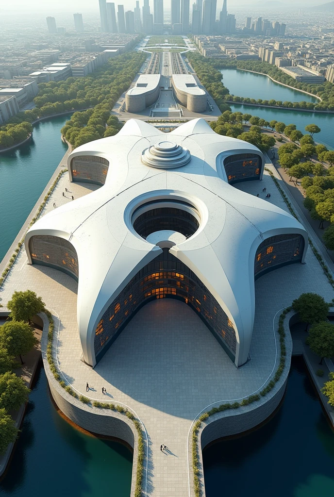 Generate a court that has a symbolic cover that takes into account the concepts of hierarchy, rhythm and focal point. Viewed from outside, this must be an architectural proposal in the form of an aerial view with innovative technological characteristics.
