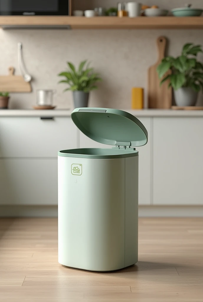 Minimalist style smart trash can that turns food scraps into compost with eco-trash logo