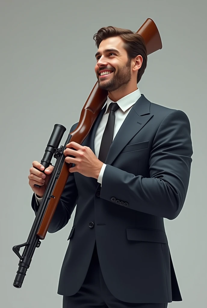 A 30 year man who wears a suit have a big rifle in one hand and rifle rest on his shoulder , looking at screen realistic image face and body properly visible body facing front side while man looking left side man alon in image holding rifle properly show on man face satisfaction smile make man litalbit cartoonist 
