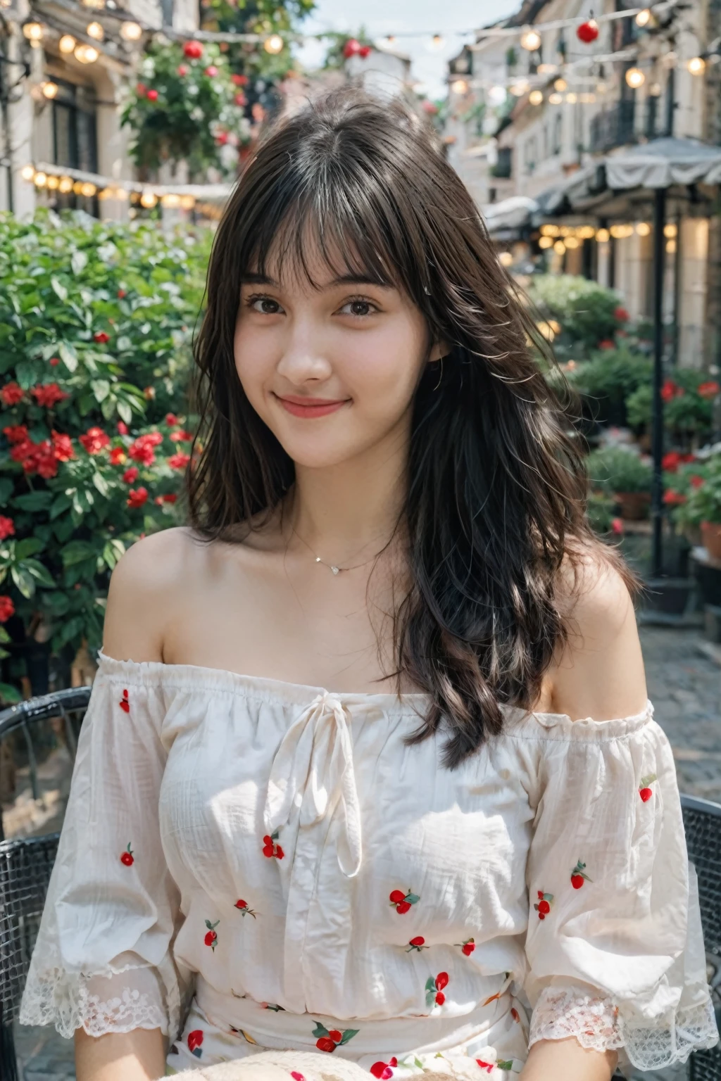 A high-resolution, wide angle shot, 4K portrait of a beautiful 20-year-old woman with a happy smile, detailed skin, and clear eyes. 
She has long, messy black hair with bangs and dark brown eyes with slight dark circles, looking at viewer. 
The image features natural, soft lighting with a low contrast and film grain effect. 
She has perfect shaped medium breast. 
She is dressed in Cherry Print Off-the-Shoulder Top and Skirt
Description: A white off-the-shoulder top with a red cherry print, paired with a matching white mini skirt. The top is cropped and fitted, while the skirt is flared, creating a cute and flirty look.
Accessories: Add red ballet flats, white ankle socks with lace trim, a red bow headband, and a cherry-shaped purse.
Sitting in An outdoor cafe with small tables and chairs set on a cobblestone patio, surrounded by potted plants and string lights overhead. The cafe has a cozy, relaxed atmosphere with umbrellas providing shade and a view of a busy street or a garden. 
The composition emphasizes ultra-detail, sharp focus, and vivid colors, with HDR and UHD quality, capturing a whimsical and dreamy aesthetic with a bokeh background. Looking at viewer