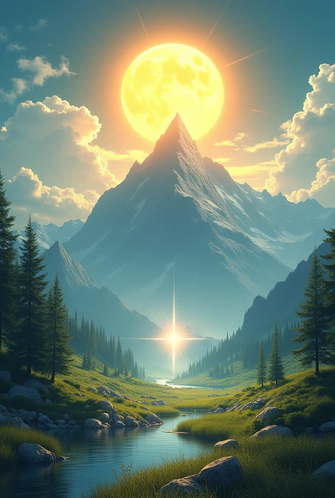a sun, a mountain and an A