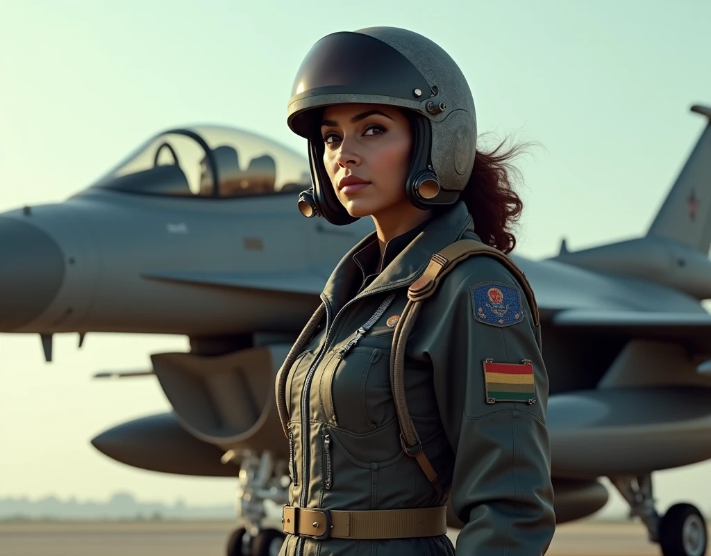 Madhuri Dixit wearing a fighter pilot suit, a pilot helmet and oxygen mask, standing beside a F16, full body view,