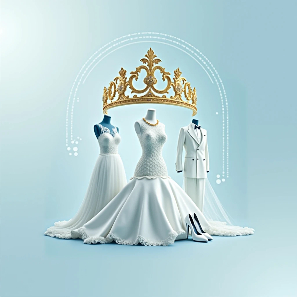 Create a poster or an image that contains different images or photos of dresses, crowns, wedding veils, shoes and men's suits