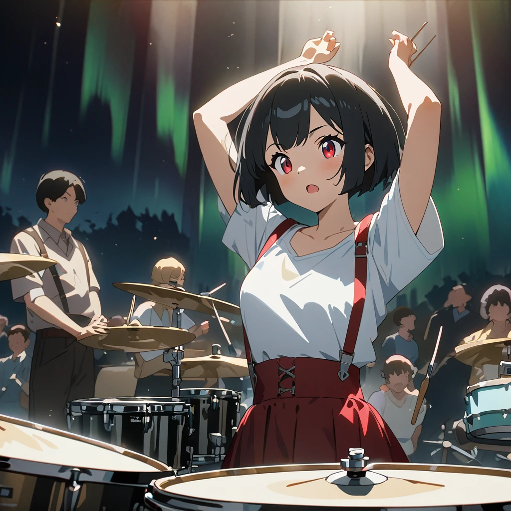 Arms raised holding drumsticks、Black hair tousled by the wind、Bobcut、Red Eye、White tank top、Red skirt with suspenders、A detailed drum set in front of people、Aurora Vision、Masterpiece、超Masterpiece、anime、Cel painting、16K、Precise illustrations、Highest quality、front、Detailed depiction、