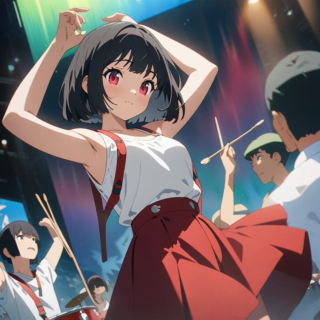 Arms raised holding drumsticks、Black hair tousled by the wind、Bobcut、Red Eye、White tank top、Red skirt with suspenders、A detailed drum set in front of people、Aurora Vision、Masterpiece、超Masterpiece、anime、Cel painting、16K、Precise illustrations、Highest quality、front、Detailed depiction、
