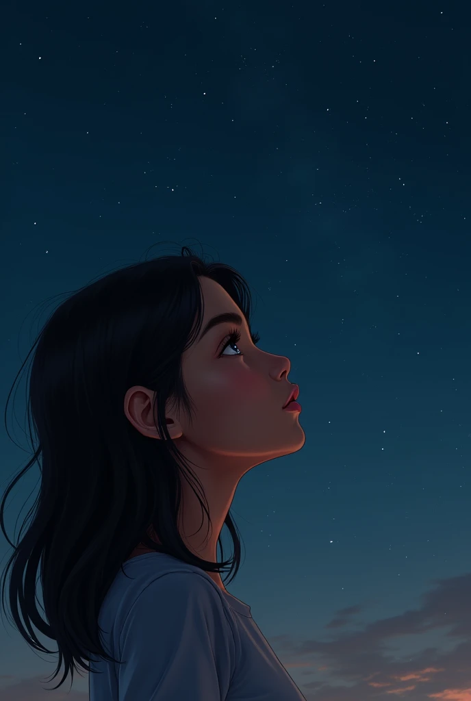 Image of a Latina girl with loose, medium-long hair in profile looking at the night sky, the girl who is not so close in the picture, black eyes and a less defined nose