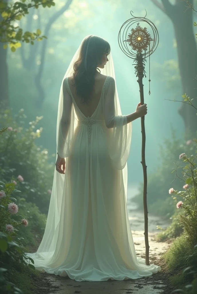 The bride carrying a stick behind the bride
