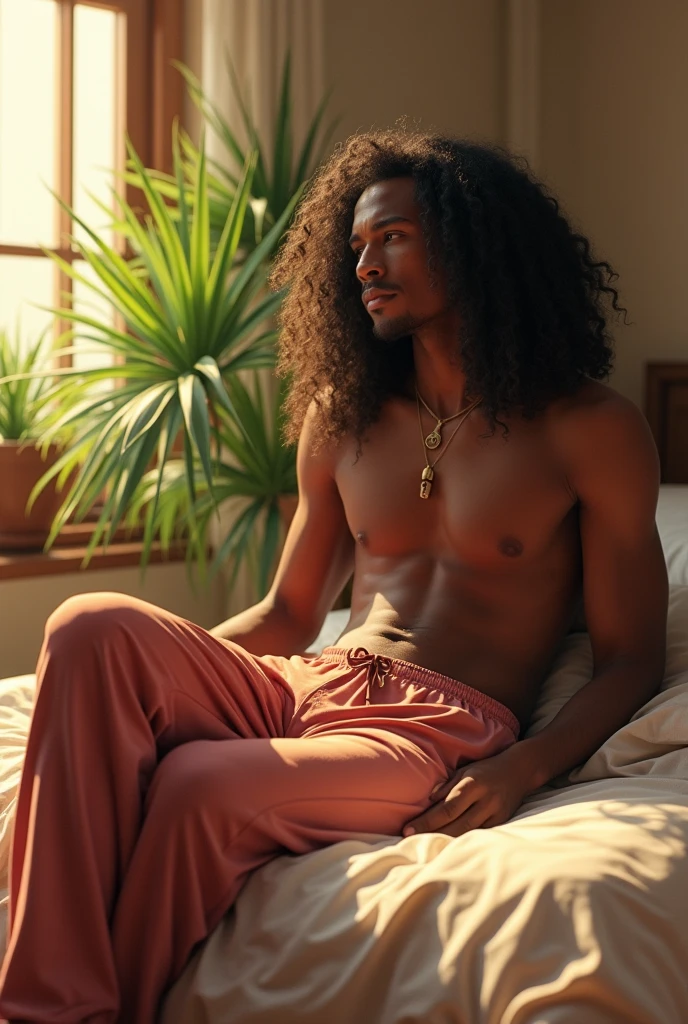 (photorealism:1.2), Muncho Lee, sitting on bed, outside in lekki lagos, pajama pants, long curly hair, indoors, soft lighting, plants in background, window with sunlight, cozy room, relaxed pose, realistic, intricate details, warm colors, by Greg Rutkowski, by Alphonse Mucha