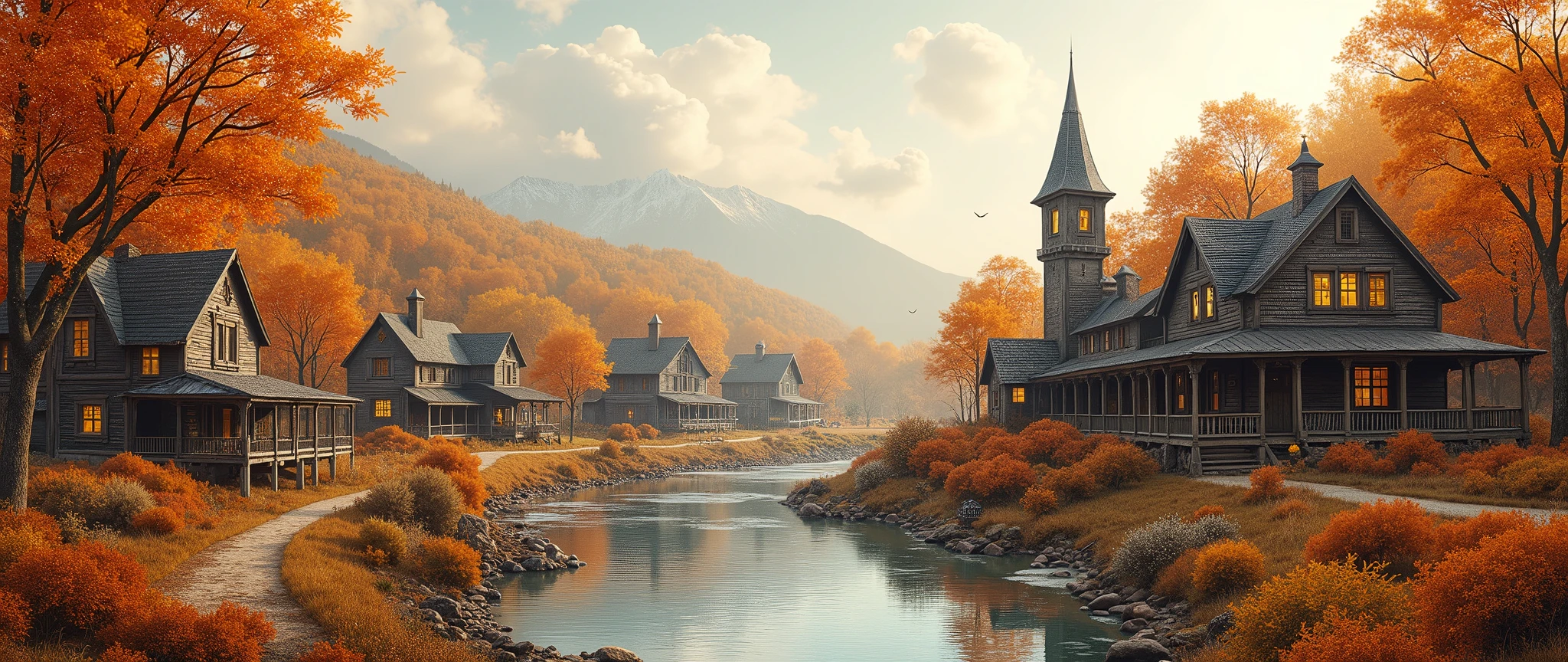 Fall Autumn Aesthetic,Halloween,Dark Village,Town Rustic,Cozy, landscape ,Rustic Orange Maple Leaf Village,Scenery, water color