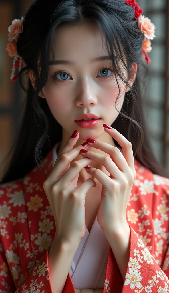 1girl, Solo, High Resolution, Blue eyes, Open Mouth, beautiful Japanese kimono, very beautiful Japanese female, beautiful fingers, red nails,