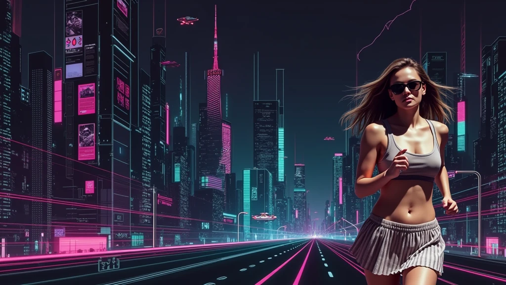 Futuristic cityscapes with colorful all-glass outlined towering skyscrapers with lightning, flying vehicle. High-resolution OLED GUI interfaces in the building, The windows are filled with transparent data visualization infographics that show it all, from weather patterns to traffic flow. Colors are saturated and vibrant. At night, (1girl, solo, alone), photorealistic, large-breast slim:0.6 body, oval:0.5 face, cleavage:1.1, very low angle view of pleated miniskirt, deep-v, (upskirt), glove, (Matrix style black micro sunglasses), dynamic running pose, (half-body thigh level close-up shot), cinematic lighting, ray tracing, motion blur background.