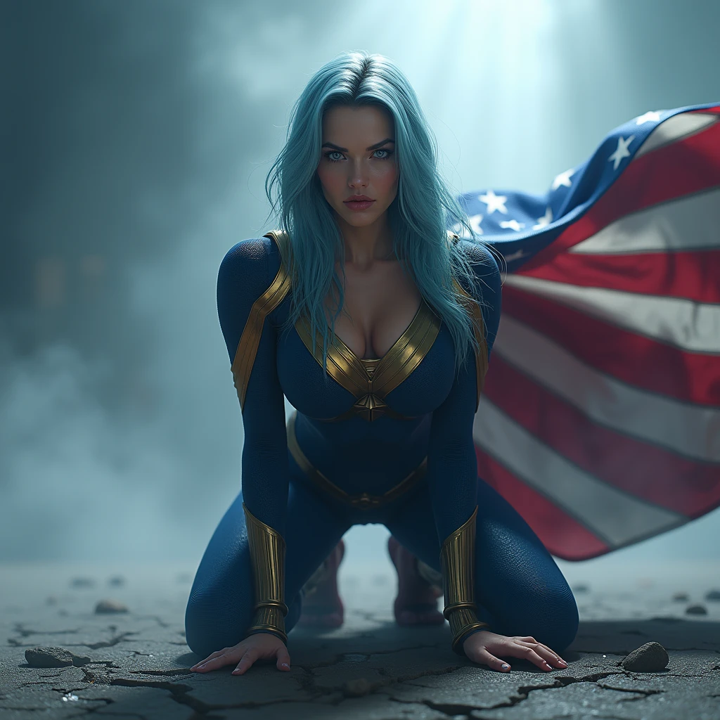 A powerful superhero character in a dramatic action pose, kneeling on one knee with her fist on the ground, causing small cracks on the surface. She wears a dark blue, textured bodysuit with golden accents on the shoulders and arms. She have got long light blue hair, light blue eyes, large , and she has a stern, determined expression on her face. A large American flag cape billows behind her, adding a sense of movement to the scene. The atmosphere around her is misty, with beams of light piercing through the clouds, highlighting the figure in a heroic manner