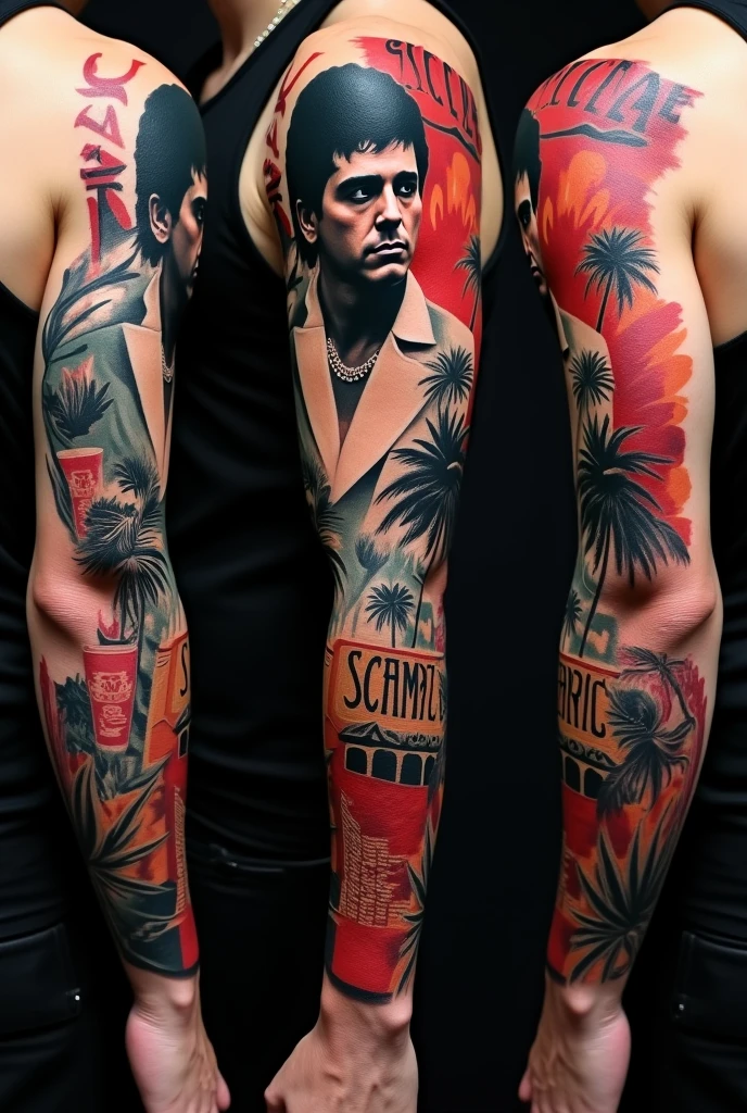 Scarface movie tattoo on the whole arm with various elements from the movie
