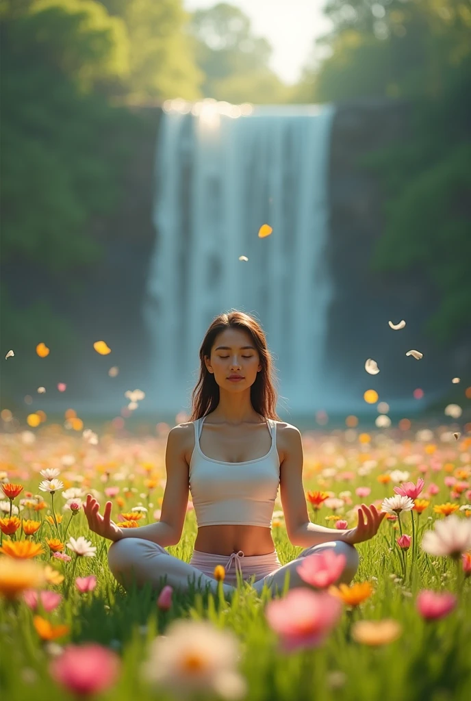 woman sitting doing yoga pose in a flower field with a waterfall in the background