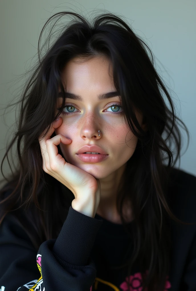 (photorealism:1.2), A young icelandic woman with dark hair, wearing a black sweatshirt with colorful patterns, rests her head on her hand, looking directly at the camera with a hint of sadness in her eyes. Her blue eyeshadow and nose ring add a touch of edge to her look. [Portrait, Photography], [Style: Natural, Moody, Close-up], [Photographer: Annie Leibovitz], [Lighting: Soft, Natural Light, White Background, Shallow Depth of Field]