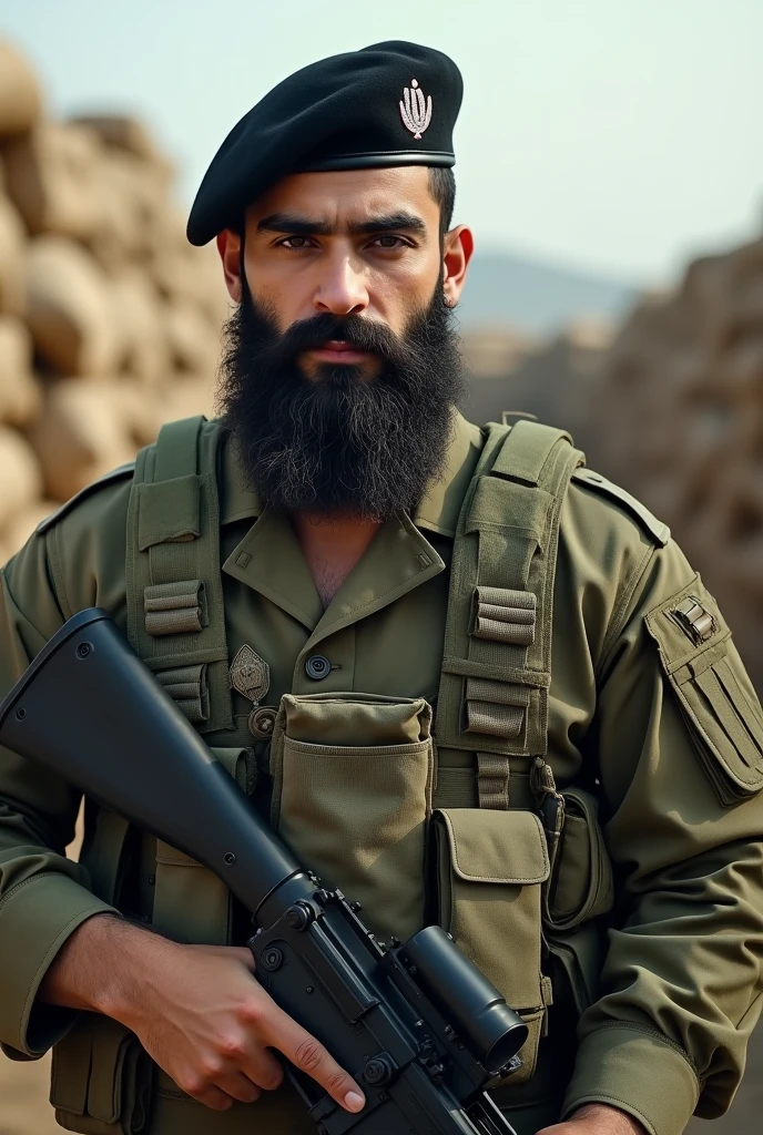 Create an image of a strong, bearded young Iranian man, with a serious expression. He wears a camouflage combat uniform, with green and brown details, typical of the army. in the head, wears a tilted black beret. His beard is full and well trimmed.. The background should suggest a military setting or training area., transmitting an atmosphere of seriousness and discipline.