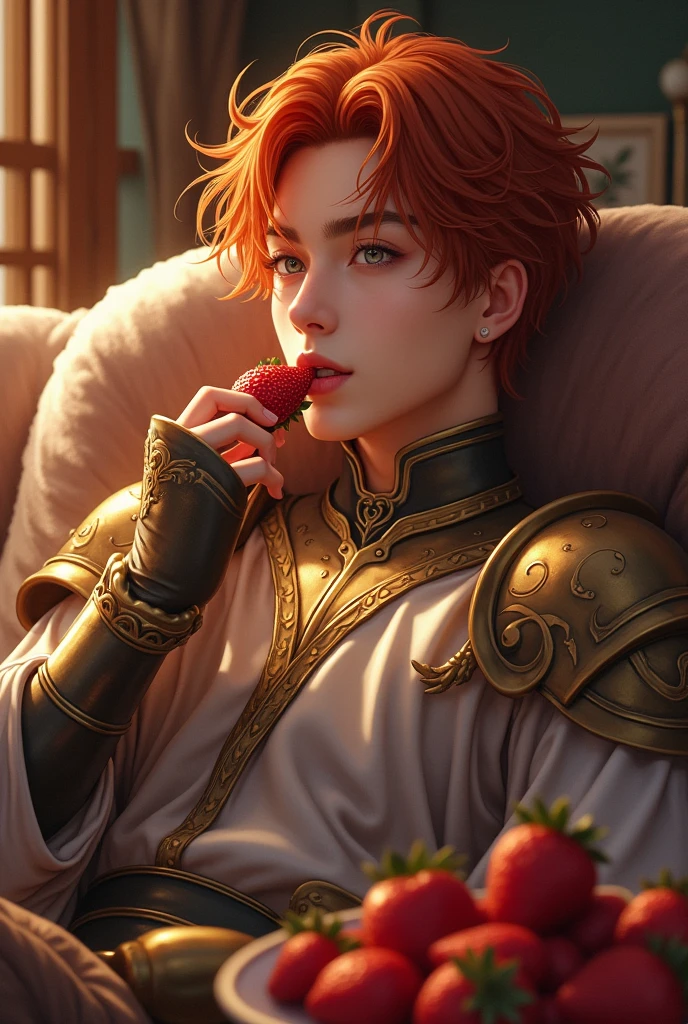 Yeonjun settles into the couch, his slender figure draped in bronze armor and silks. The comfort of the moment is reflected on your face as you enjoy fresh and delicious strawberries. Her bright orange hair stands out against her oval face, framed by defined eyebrows, a straight nose and full lips, tinted a vibrant pink by the fruit. Her gray eyes, captivating and sensual, complete a picture of singular beauty. Young man.