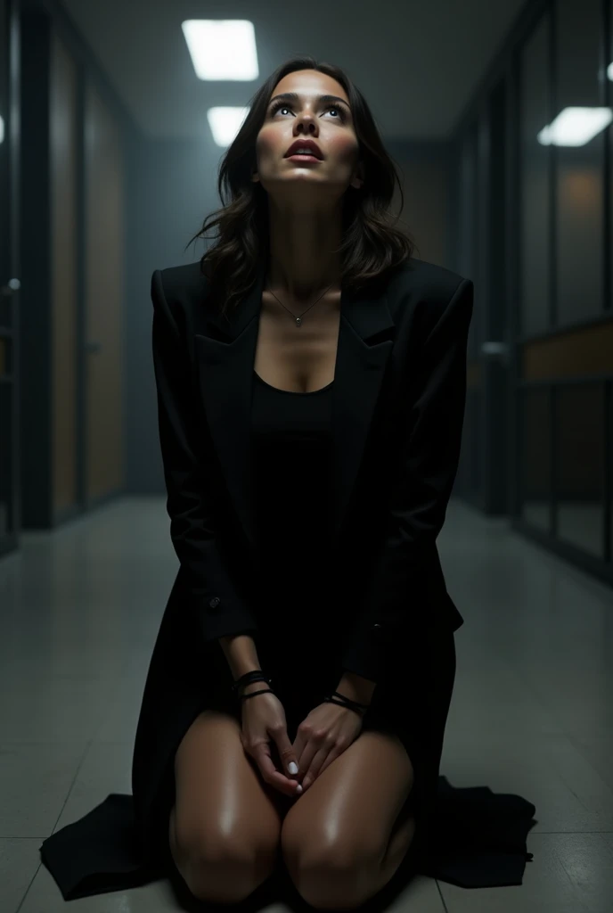 blowjob pov, wearing black coat of corporate office, bondage on hand, blow job sitting on knees on floor, young girl, no dick, looking at you with mouth open, front view, no side view, full body black view, submissive, american women