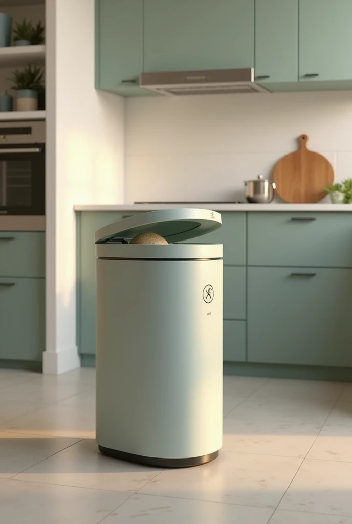 Minimalist style smart trash can that turns food scraps into compost with eco-trash logo