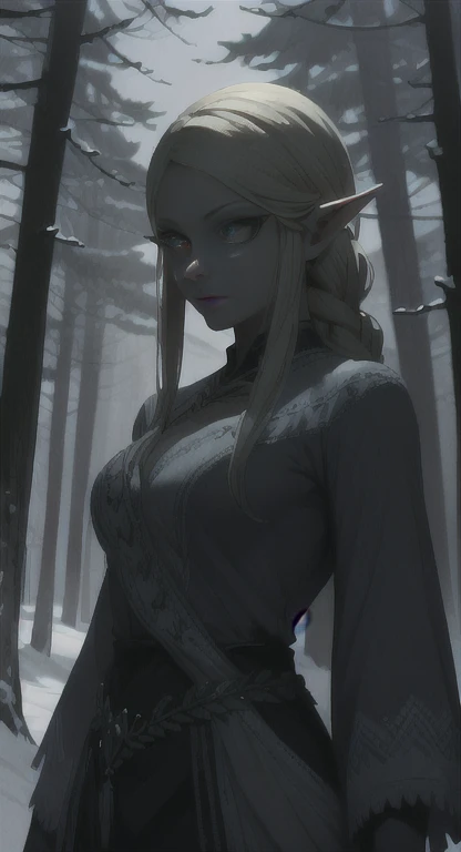 Frozen, misty Forest, ancient Hylian, winter, snow, Hylia, blonde hair, red eyes, eyes in the fog, regal appearance, cabin, looking at viewer,