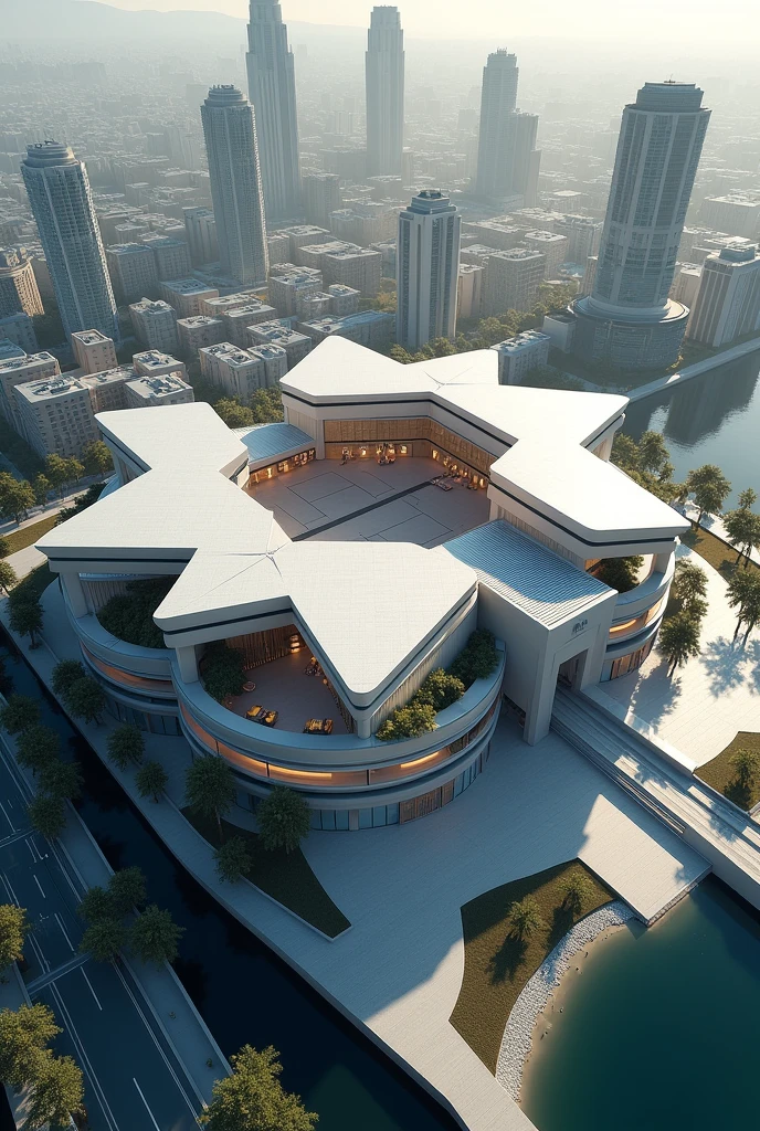 Generate a court that has a symbolic cover that takes into account the concepts of hierarchy, rhythm and focal point. Viewed from outside, this must be an architectural proposal in the form of an aerial view with innovative technological characteristics.