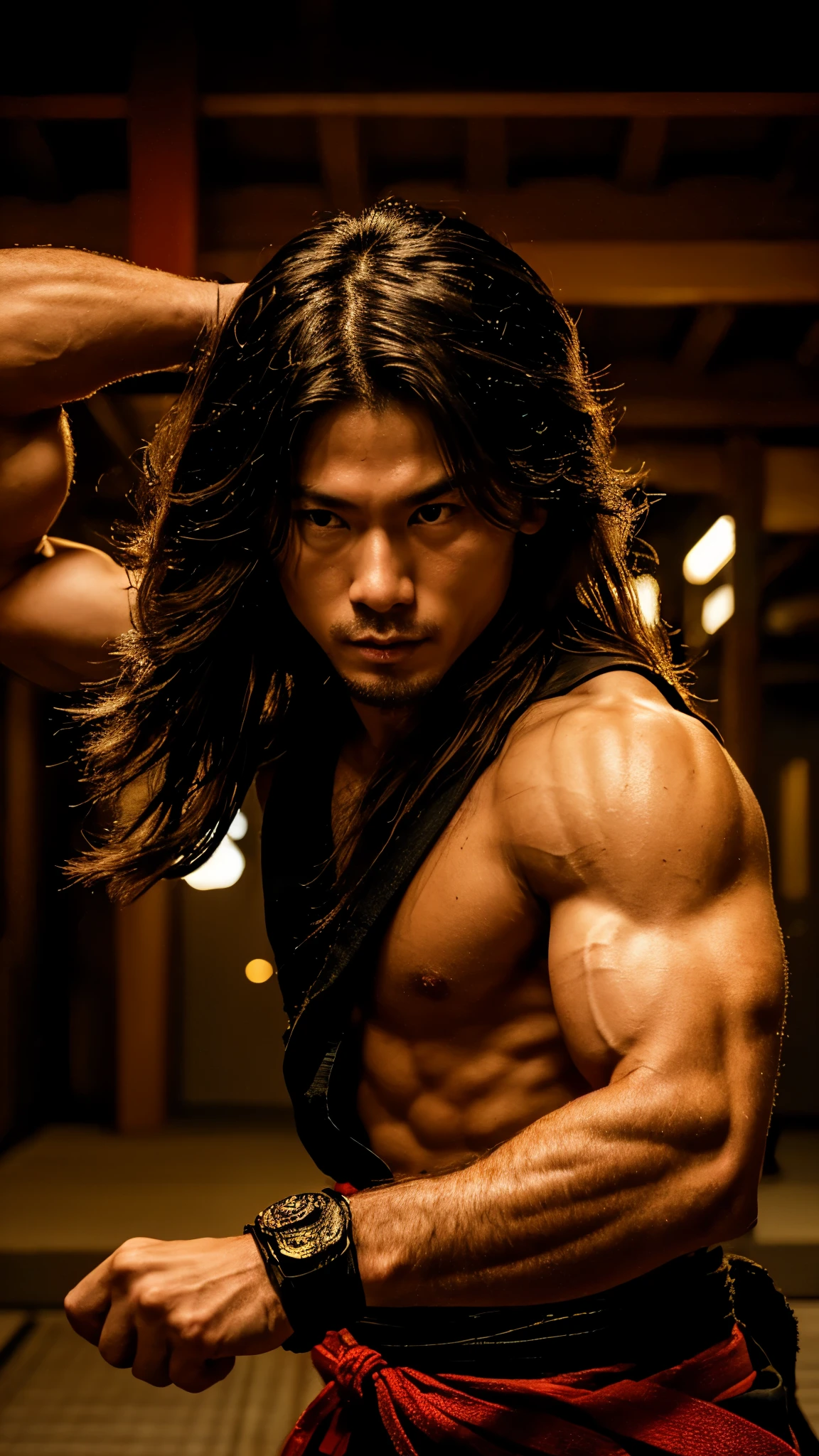 Young Samurai, please stretch your arms, Realist:1.3,( fPhoto, Realist, 8k, RAW Photos, Premium Quality, masterpiece, Great lighting, Centered Images), (Dynamic Movement, Dynamic Fighting,), (2 Knives), Fight with two swords, whole body, (Disheveled brown long hair), (Handsome Japanese young man, 1, Be confident、Trained muscles., Wildman and his body in perfect detail), View your viewers, cyber punk, Warrior, Tokyo, Shibuya Ward,
