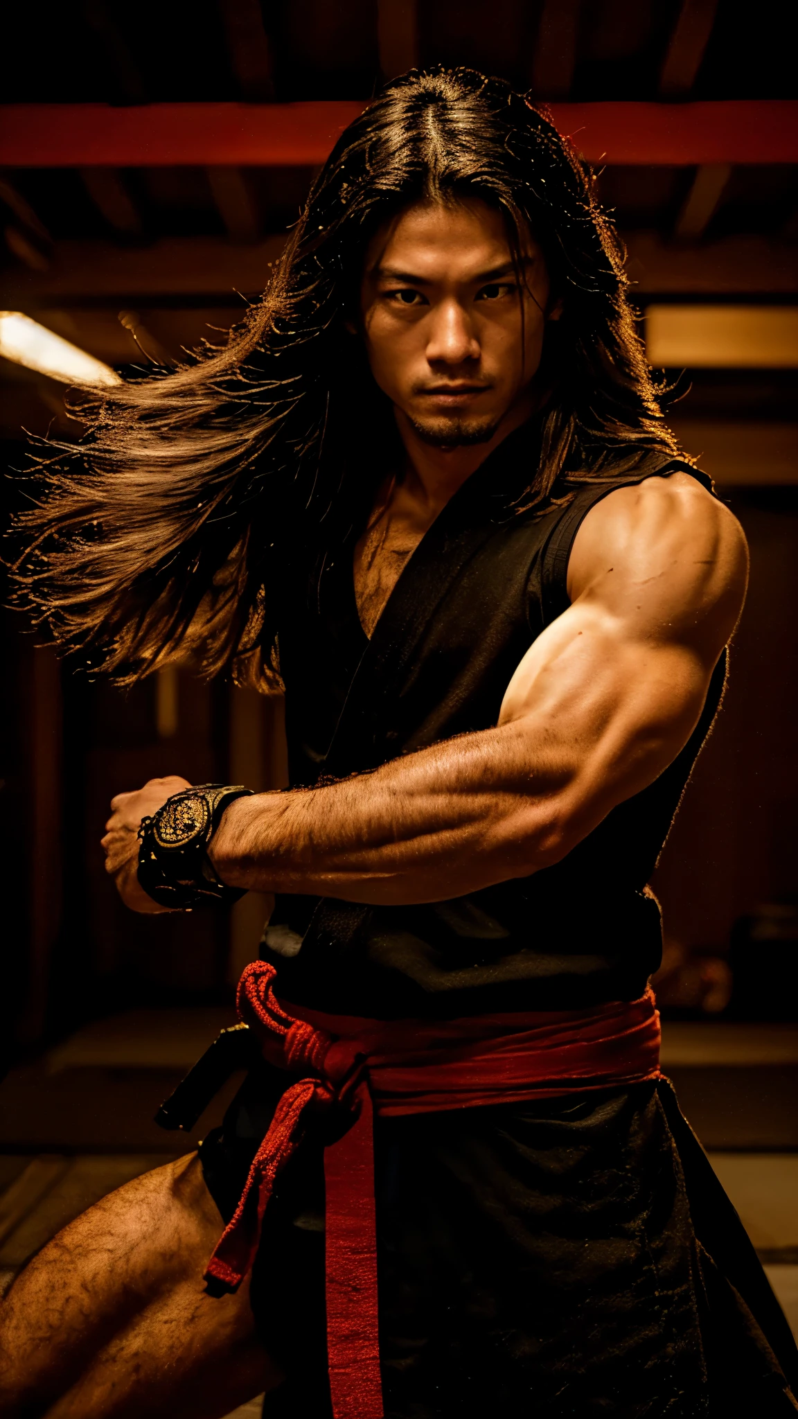 Young Samurai, please stretch your arms, Realist:1.3,( fPhoto, Realist, 8k, RAW Photos, Premium Quality, masterpiece, Great lighting, Centered Images), (Dynamic Movement, Dynamic Fighting,), (2 Knives), Fight with two swords, whole body, (Disheveled brown long hair), (Handsome Japanese young man, 1, Be confident、Trained muscles., Wildman and his body in perfect detail), View your viewers, cyber punk, Warrior, Tokyo, Shibuya Ward,