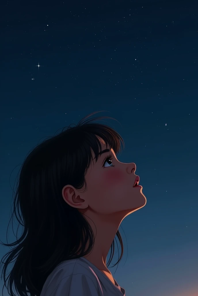 Image of a Latina girl with loose, medium-long hair in profile looking at the night sky, the girl who is not so close in the picture, black eyes and a less defined nose