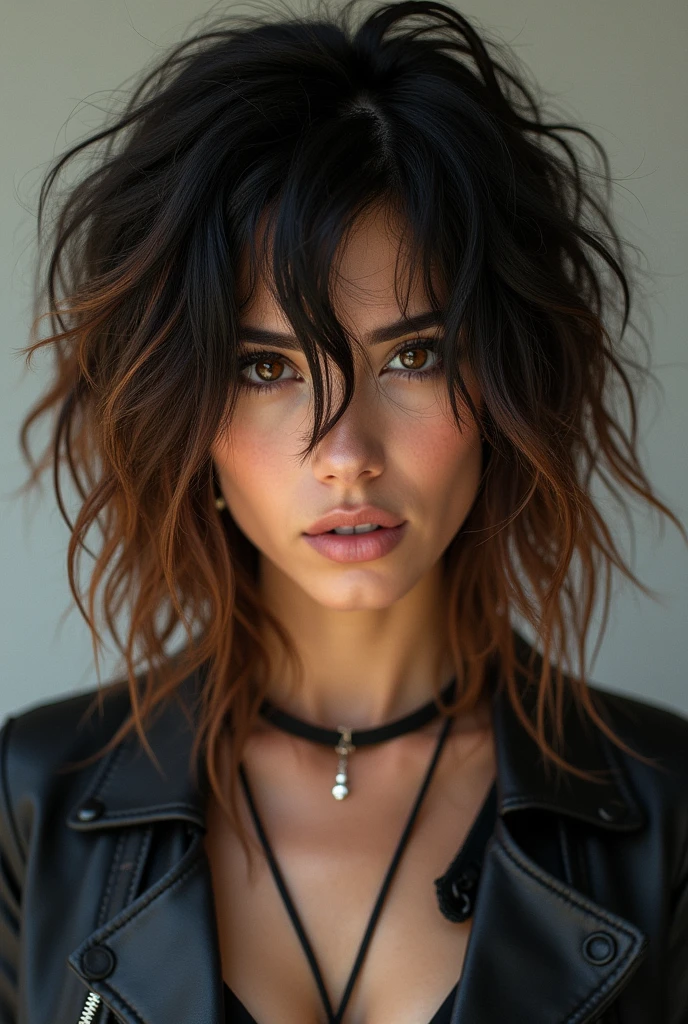with big hair, wavy and black,brown eyes and rocker
