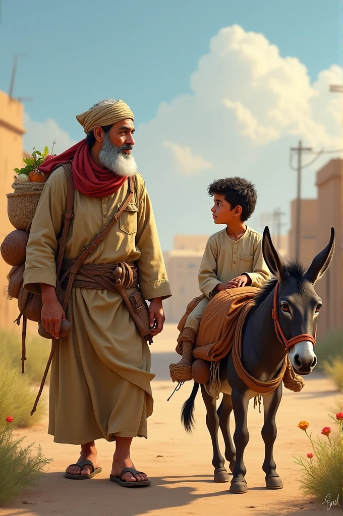 Who is the donkey?
Hassan the farmer had a donkey.
He uses his donkey to carry goods to buy and sell from the distant market.
One day, his son Hany said that he is coming to the market with Hassan, who was ready to go to the market. Hasan said to his son, "We cannot carry things together on this small, weak donkey of ours". Hassan decided to take his son, who was in a fit of rage, to the market. "Two men cannot travel together on a donkey. Son sit first." Hassan said.