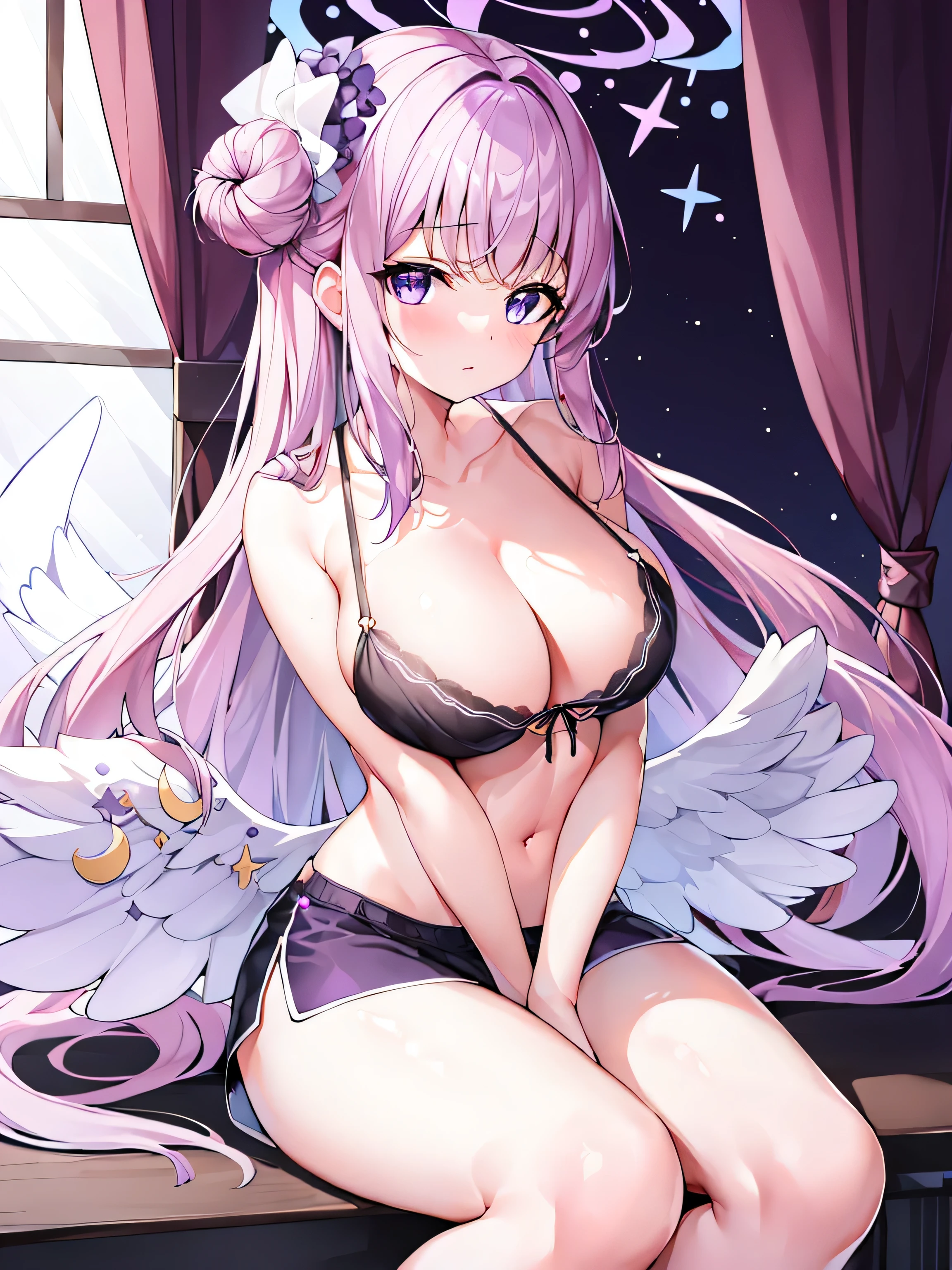 (masterpiece:1.2), best quality, high resolution, Unity 8K wallpaper, (illustration:0.8), (Beautiful and delicate purple eyes:1.6), Extremely detailed face, Perfect lighting, Extremely detailed CG, (Perfect hands, Perfect anatomical structure),1 girl, , Solitary, , Black_shorts, Play_, Purple Eyes, shorts, Lopez,Pink hair, Double tail, hair_deco, fail, fail_, blush, curtain, sit, Sweating, Dutch Cupola_Cupola, indoors, fail_Play_, _Shoulder, band_Clip Slip, By Bangs, Deactivate_beak, star_(Symbolism), _top, short_shorts, star_hair_deco, window, V-shape_Eyebrows are very, clavicle, vague, Large_, _Clip Slip, Ahog, dolphin_shorts, Play_Plays, vague_background, Jewel-like, Side lock, White__top, varies through, shirt, short_Double tail, breast,nipple,underwear,White_shirt,