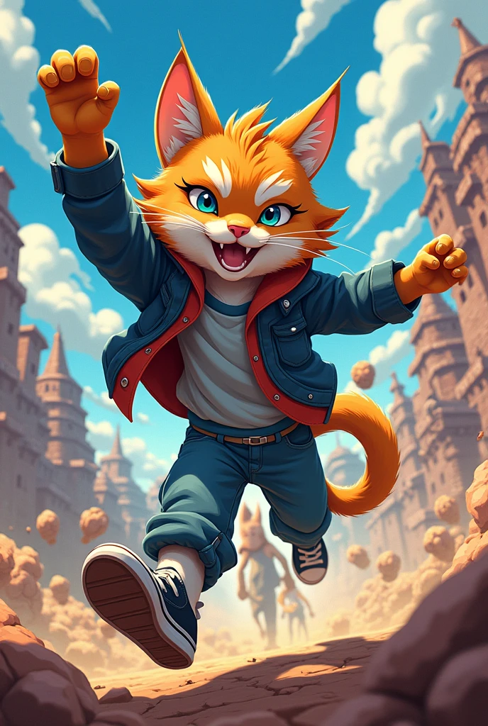 An anthropomorphic furry cat with worn jeans, a sweatshirt and black canvas sneakers competing in Venom 2D anime style