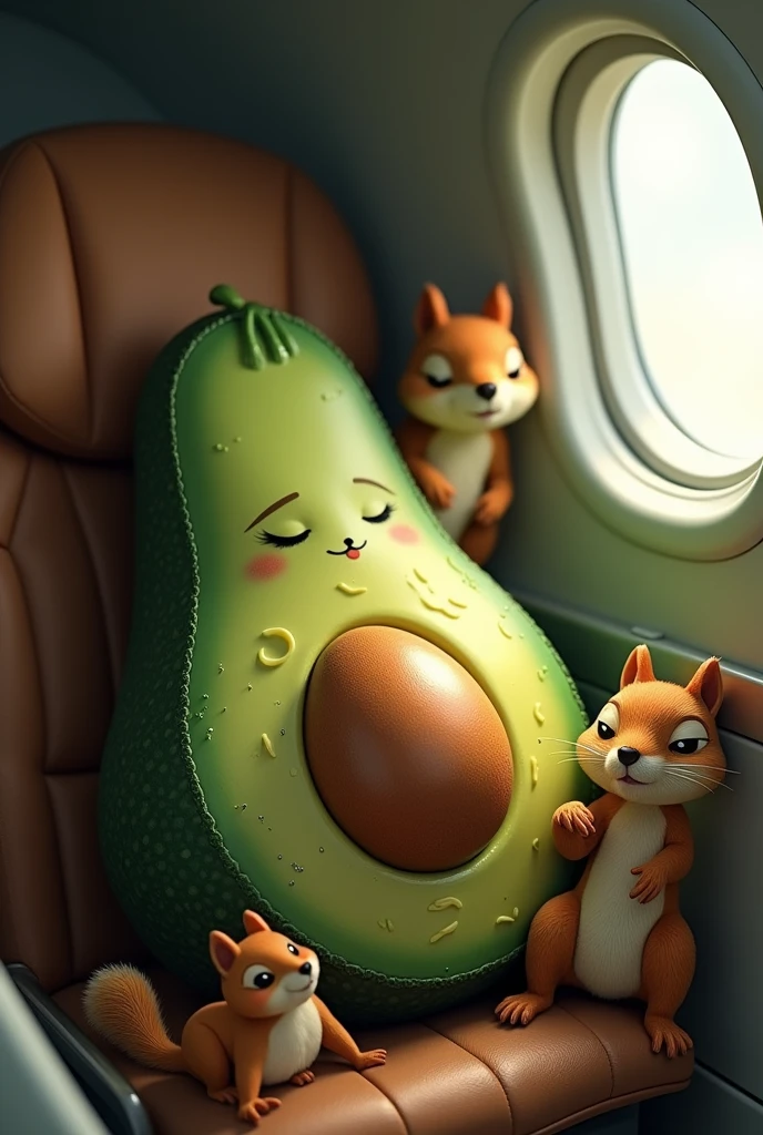 an avocado, sleeping in a jet, with squirrels watching.