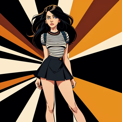 "A young woman with geometric lines and flat colors, dragging a rectangular leather backpack. Her hair is a black oval and her eyes are two expressive circles. She wears a horizontally striped shirt and a tube skirt, with stylized legs and arms."