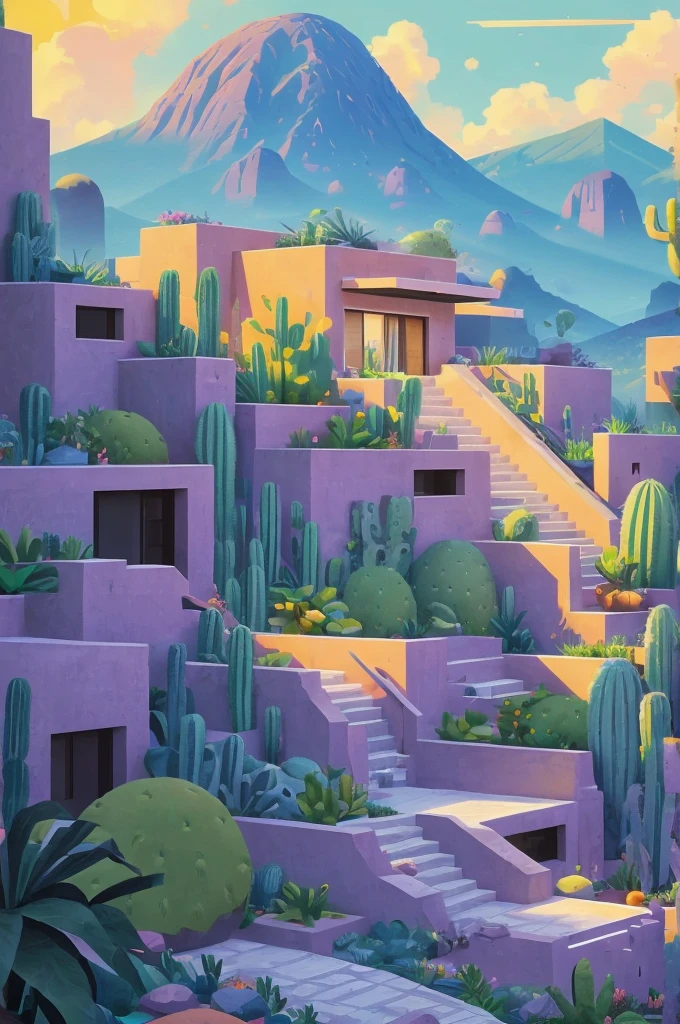 small and beautiful modern house in top of big boulders, terraces, pool, stairs, multiple cacti gardens, palms, trees, rocks, beautiful landscape design, mountains and volcano y background, amazing clouds, sun, moon, planets, milky way galaxy, concrete, wood, glass and steel materials, olive green, violet, orange and withe colors in facade An illustration in collage style, con rocas gigantes, Brutalist construction sections, escaleras, cactus, agave, textura de concreto, Multiple geometric shapes, hatch and cross hatching, planeta Saturno. ((masterpiece, best quality)),illustration,ultra detailed 8k. (((An illustration of a build designed by Luis Barragán))), with a desertic vegetation garden, (big rocks), ((cacti)), lake, volcano in horizon, smooth clouds, (((illustration collage format))), ((Escher's art style)), (((multiple sections))), (magenta, blue, olive green, grey, black and white), hard shadows, (((geometric sculptures))), concrete sculptures, high contrast, dramatic, cinematographic,