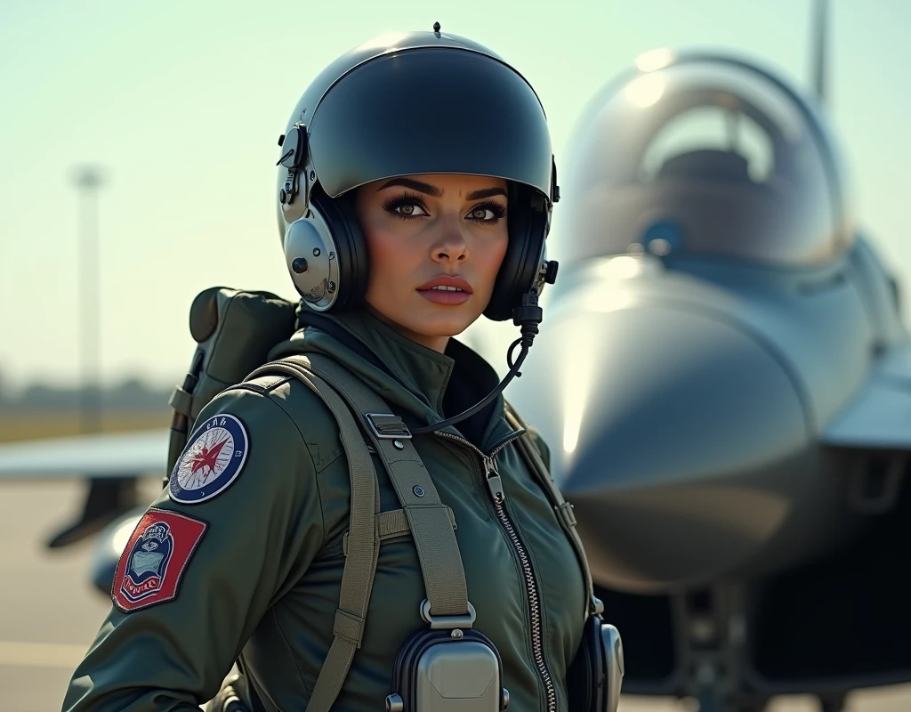 Aishwarya Rai wearing a fighter pilot suit, a pilot helmet and oxygen mask, standing beside a fighter plane, full body view,