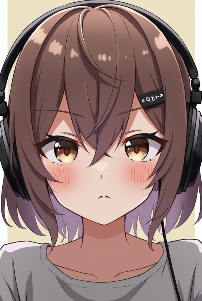 cheered up, bloom, headphones, blush, Closed mouth, Chapped lips, angry, Open eyes, Red lips, button eyes, eyes wide open, hard look, short hair, fringe, Brown hair, hair between eyes, fringe recto, straight hair, Hair over eyes, Hair in front of the ear, High resolution, The best quality, 