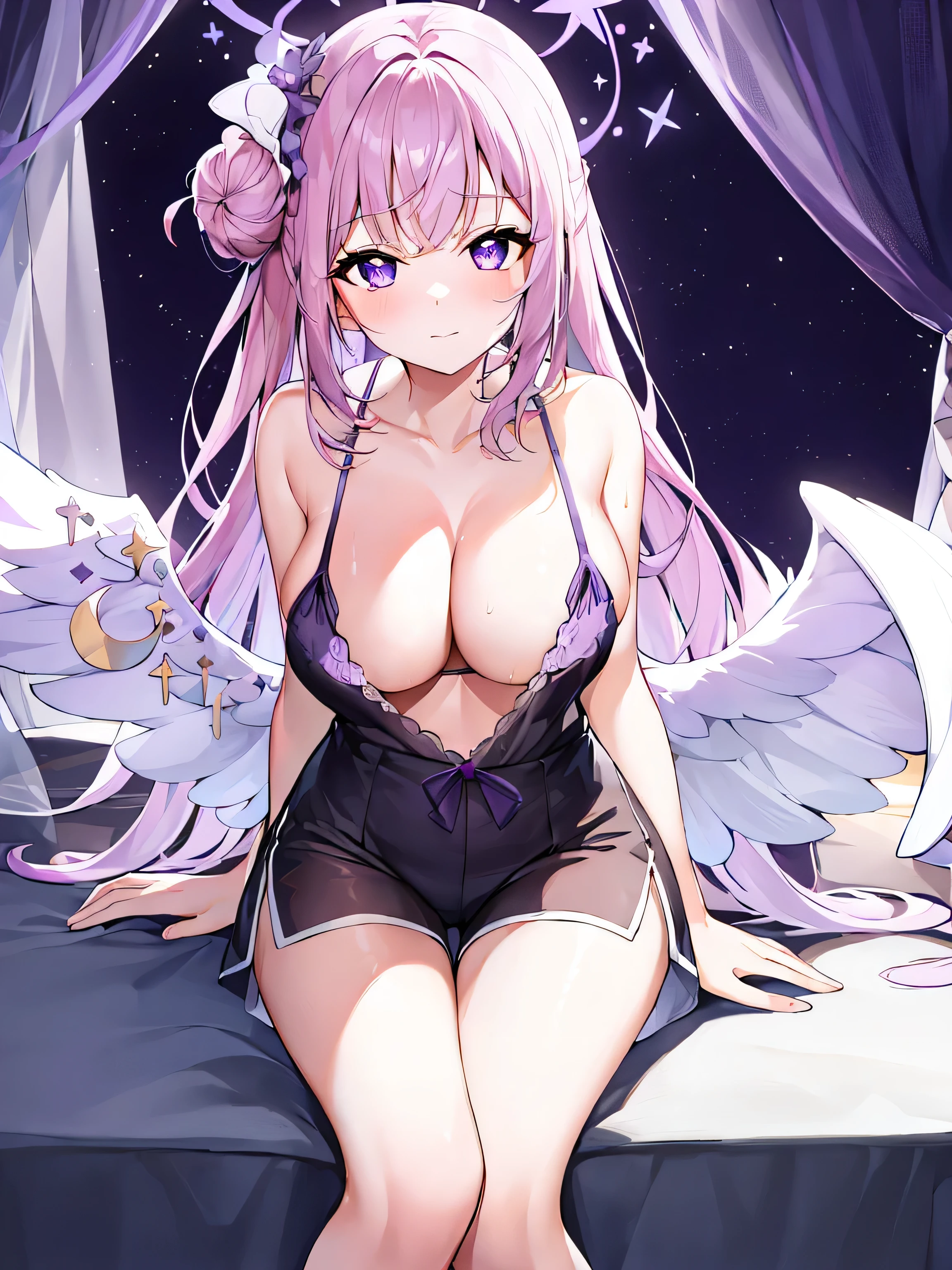 (masterpiece:1.2), best quality, high resolution, Unity 8K wallpaper, (illustration:0.8), (Beautiful and delicate purple eyes:1.6), Extremely detailed face, Perfect lighting, Extremely detailed CG, (Perfect hands, Perfect anatomical structure),1 girl, , Solitary, , Black_shorts, Play_, Purple Eyes, shorts, Lopez,Pink hair, Double tail, hair_deco, fail, fail_, blush, curtain, sit, Sweating, Dutch Cupola_Cupola, indoors, fail_Play_, _Shoulder, band_Clip Slip, By Bangs, Deactivate_beak, star_(Symbolism), _top, short_shorts, star_hair_deco, window, V-shape_Eyebrows are very, clavicle, vague, Large_, _Clip Slip, Ahog, dolphin_shorts, Play_Plays, vague_background, Jewel-like, Side lock, White__top, varies through, shirt, short_Double tail, breast,nipple,underwear,White_shirt,