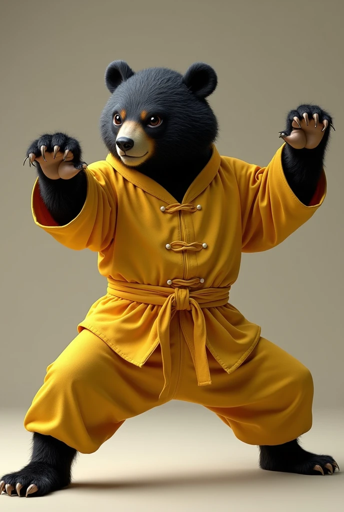 A sun bear. Wearing a Yellow vintage martial arts outfit. Doing a kung-fu pose. 