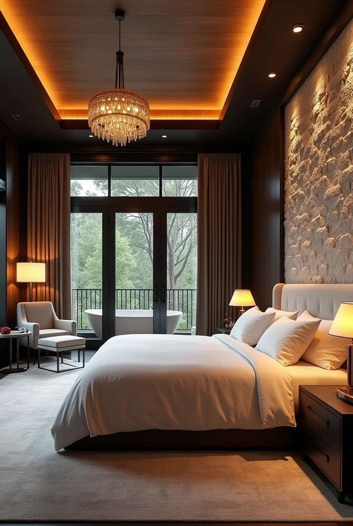 Luxurious master bedroom with double bed, dressed with premium linens., installed against a textured stone wall. It&#39;s warm in the room, a cozy atmosphere with soft lighting from modern bedside lamps and a chandelier. A cozy seating area with a soft armchair and a small coffee table is located near the floor-to-ceiling windows.., offering private views of the forest. Bathroom in the room, visible through the smooth glass door, The room features a freestanding bathtub and double vanities with marble countertops...