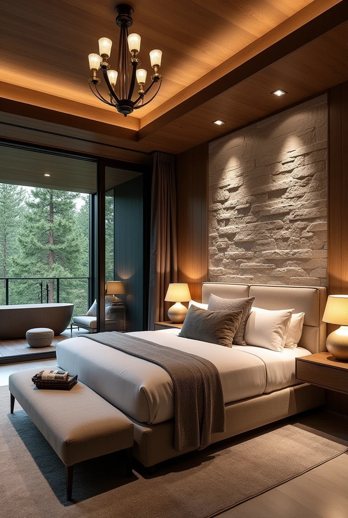 Luxurious master bedroom with double bed, dressed with premium linens., installed against a textured stone wall. It's warm in the room, a cozy atmosphere with soft lighting from modern bedside lamps and a chandelier. A cozy seating area with a soft armchair and a small coffee table is located near the floor-to-ceiling windows.., offering private views of the forest. Bathroom in the room, visible through the smooth glass door, The room features a freestanding bathtub and double vanities with marble countertops...
