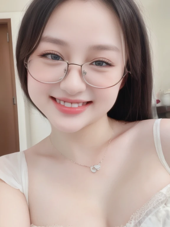 (Realistic、masterpiece、best quality、8K、high resolution、high resolution:1.3)、1 glasses girl、huge、white bikini、pale white skin、smile, Looking at the viewers、super thin face and eyes、long hair、interior、upper body、