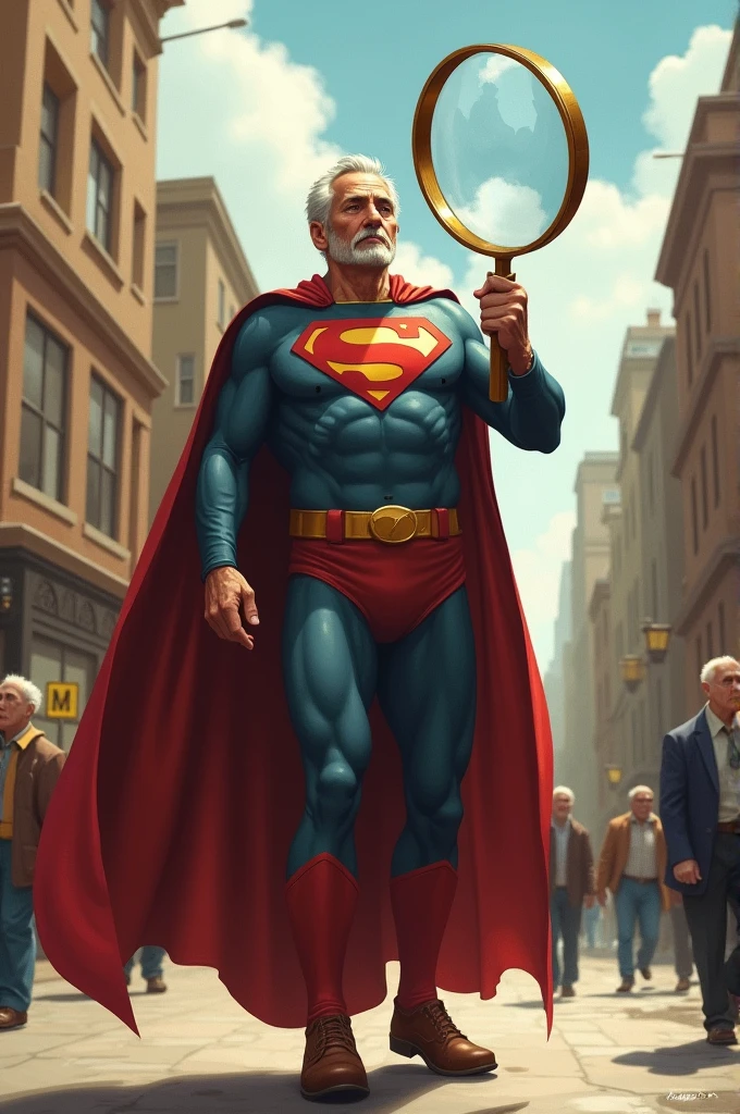 An older superhero, with cape and everything, but instead of powers, has a giant magnifying glass to analyze the needs of older adults.