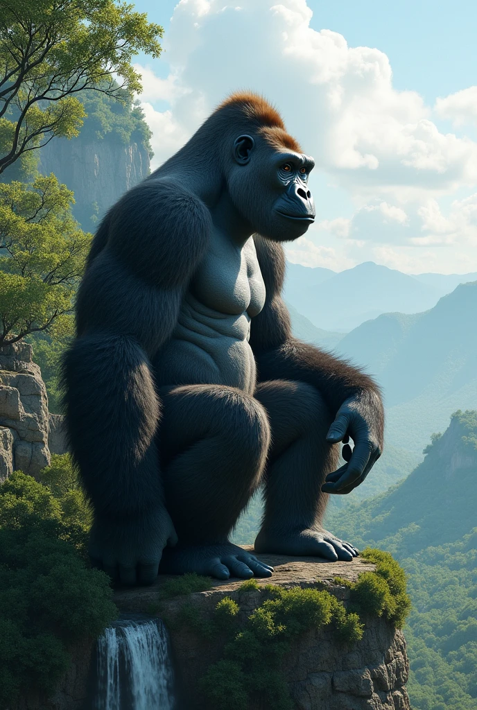 Generate close-up a stunning image of a big giant size gorilla on a top of a mountain with lush greenery, waterfall and trees, he is sits while looking to the view of a beautiful landscape and atmosphere, the image should focus from aside, masterpiece, highly-detailed, ultra-sharp.